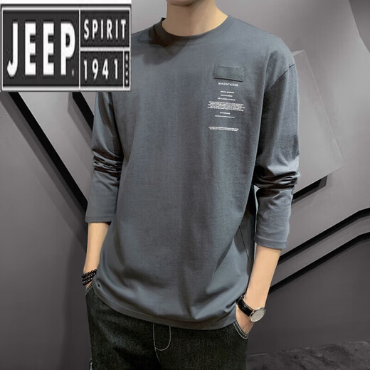 JEEP SPIRIT Langarm-T-Shirt Herren Herbst und Sommer neues trendiges, lockeres, dünnes Bodenshirt Herren Rundhals neues Produkt 643 Bohnengrün + 692 Grau 2 Stück insgesamt 3XL
