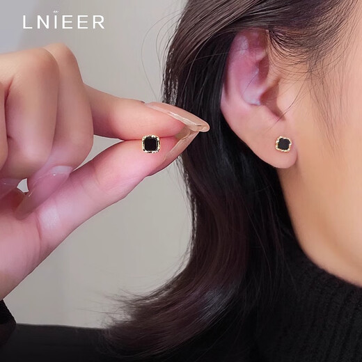 Lnieer Black Square Small Earrings Women's 925 Silver Needle Earrings 2025 New Exquisite Temperament High-level Ear Hole Earrings Silver Square Earrings 925 Silver Needle