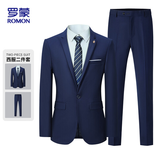 ROMON Suit Men's Business Slim Professional Formal Wear Groomsman Groom Wedding Dress Two-piece Set Y306 Navy Blue 2XL