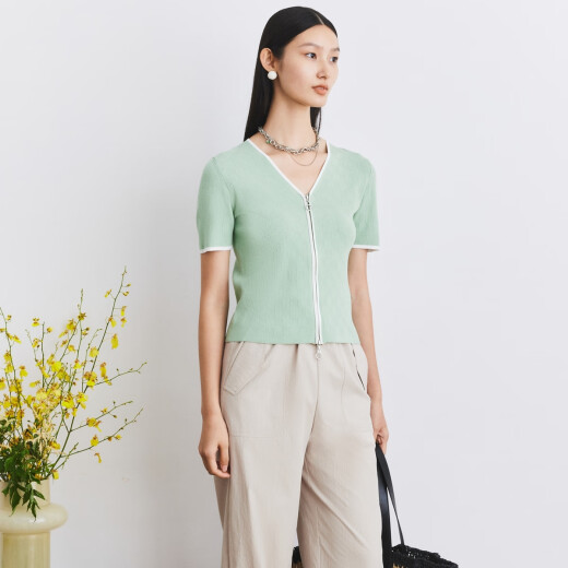 FIRSTSTATION [Same style in shopping malls] Dayajia checkerboard plain texture short-sleeved sweater for women 24 spring and summer new style 9150A green 160/80A/S