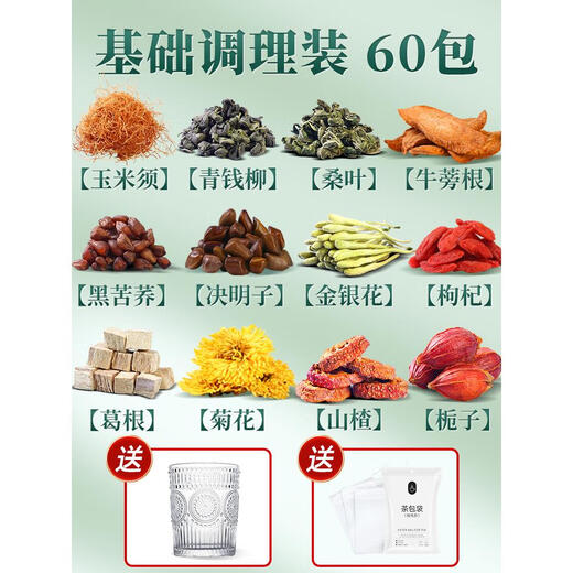 Yuankexing-Maisseide, Maulbeerblättertee, grüner Weidentee, Klettenwurzel kann mit Gynostemma pentaphylla kombiniert werden, mit Apocynum angereichertes Wasser, duftender Tee, Gesundheitsteebeutel, 60 Packungen, 2 Schachteln Basis-Pflegepackung, 12 teure Zutaten