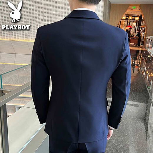 花花公子【高档】西装男套装男士修身商务休闲正装西服男伴郎新郎礼服外套 黑色双扣套装+马甲+衬衫+大礼包 M