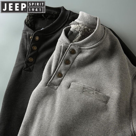 JEEP SPIRIT new waffle plus velvet thickened warm autumn and winter men's large size Henry collar long-sleeved sweatshirt pullover men's dark gray M recommended 90-110Jin Jin equals 0.5 kg