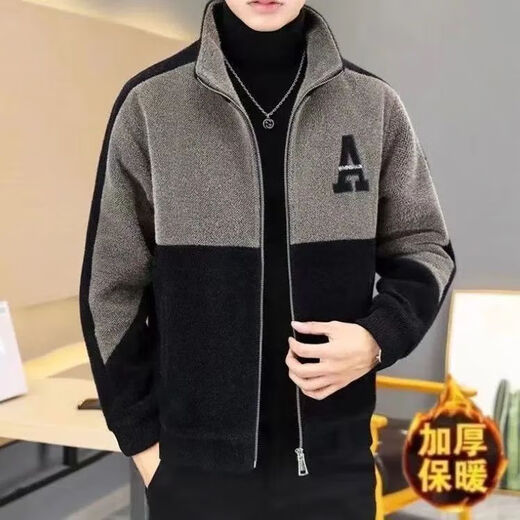 Talented Jacket Men's Autumn and Winter Thickened Color Blocked Fashion Jacket Men's Stand Collar Spliced Casual Thickened Warm Large Size Top Trendy Khaki XL 115-135Jin Jin is equal to 0.5 kg