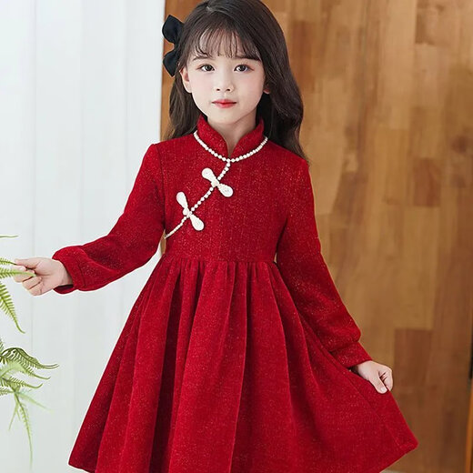 Disney Spring Festival New Year's Wear 26 New Autumn and Winter Girls' Cheongsam Red Dress Velvet New Year's Christmas Gift New Skirt Red Velvet Dress (without bag) 110