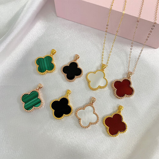 Li Shen 18K gold four-leaf clover pendant au750 color gold rose gold gold necklace clavicle chain girl birthday gift 18K gold rose gold (pendant + 18K gold necklace 25mm red agate
