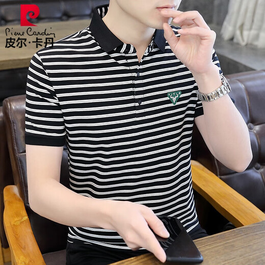 皮尔卡丹高档夏季衬衫领短袖男T恤潮牌翻领polo透气衫潮流条纹純棉体恤 Y6627白色 M
