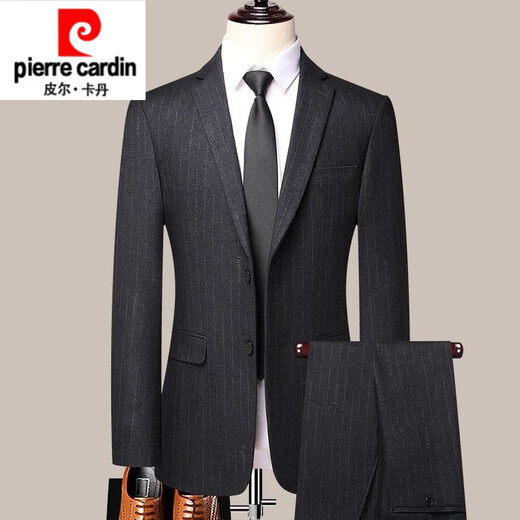 Pierre Cardin high-end autumn and winter wool suit suit men's groom striped suit men's slim business formal suit wedding wedding thick black gray M