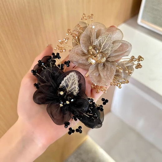 Gypsophila organza large intestine hair band for women, high-end hair rope, ball hair, flower headband, light luxury hair band, champagne color