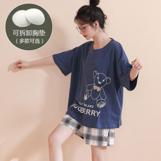曼之伴（Manzhiban）夏季带胸垫睡衣女夏短袖短裤棉自带bra套装可爱外穿家居服免文胸 6210【带胸垫-棉】 2XL 建议135-150斤