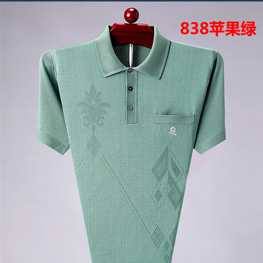 梦特娇梦特娇新品桑.蚕.丝.t恤男短袖翻领中老年爸爸装真口袋T恤.衫凉感 838米黄 170码【推荐115-135斤】