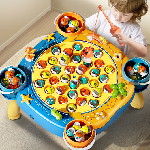 Meibosen Large Children's Fishing Toy Electric Rotating Magnetic Fishing Rod with Sound Effect Baby Toy 1 to 6 Years Old Blue Large Fishing Plate + 49-piece Set + Table Rechargeable Version Charger + Battery + Screws