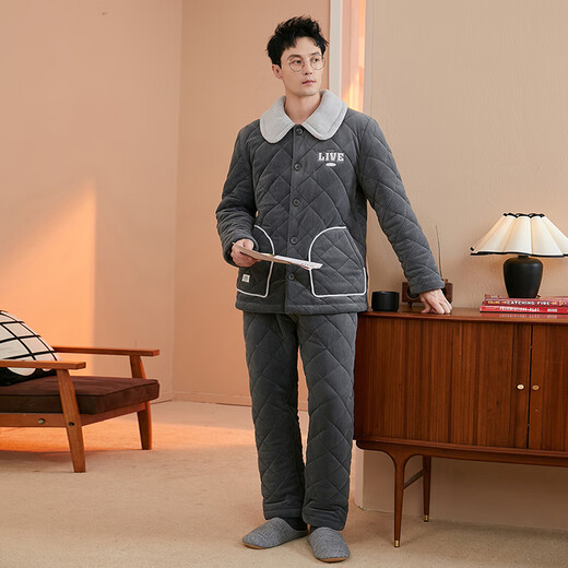 Fenton pajamas for men, three-layer thickened quilted, autumn and winter warm velvet lapel embroidered warm long-sleeved home wear set, retro gray-men's 2XL