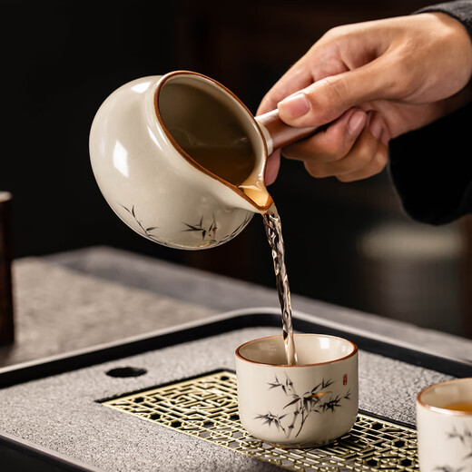 Porcelain brand tea set (cipaiming teaset) Ru Kiln Kung Fu tea set household ceramic teapot teacup lazy graphite high-end automatic tea set complete set Ru Kiln rich bamboo automatic tea set six cups