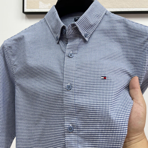 TOMMY JEANS genuine Tommy Tommy long-sleeved shirt men's spring new business casual pure cotton plaid non-iron shirt trendy long-sleeved blue plaid 100% cotton XL suitable for 140-155 Jin Jin equals 0.5 kg to wear