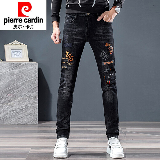 皮尔卡丹（pierre cardin）印花百搭绣花牛仔裤男花纹图案个性烫钻潮流刺绣潮牌韩版修身裤子 A689黑色 28