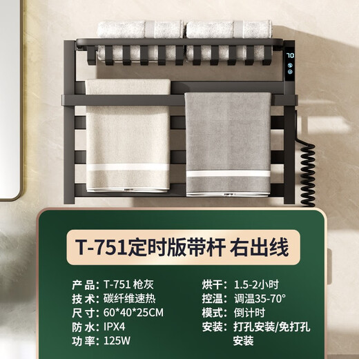 田园沐歌枪灰碳纤维电热毛巾架家用智能卫生间免打孔加热烘干浴室置物架 T751-定时带杆右出线