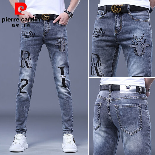 皮尔卡丹（pierre cardin）欧货新款刺绣印花男士针织牛仔裤子修身弹力百搭小脚长裤 6628 29 （2尺2）