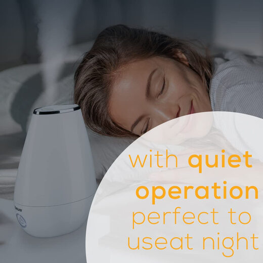 BEURER 2-in-1 essential oil aromatherapy humidifier, ultrasonic cool mist, night mode, 2L water tank, suitable for bedroom, white