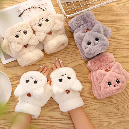Demi Anissa Gloves Women's Winter Cute Plush Kitten Girly Style Korean Style Versatile Student Fingerless Gloves Dual-Purpose Autumn and Winter Thickened Warm Cartoon Flip Half Finger Gloves Cat White Flip Style