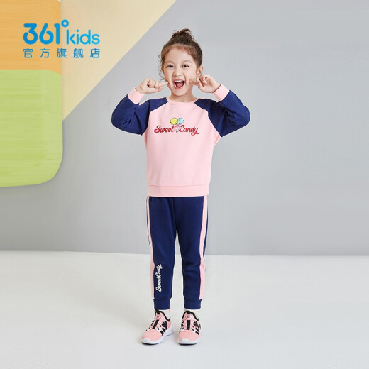 361 Children's Clothing Children's Suits Girls' Suits Girls' Knitted Sweaters and Pants Two-piece Sports and Leisure Suits Ice Crystal Powder/Dark Navy (Girls) 130CM