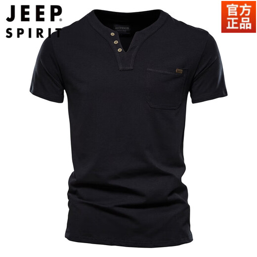 JEEP SPIRIT2025 new men's short-sleeved T-shirt pure cotton Henry open collar small v-neck top solid color slim bottoming shirt men's summer black 100% cotton XL weight recommendation 153-170Jin Jin equals 0.5 kg