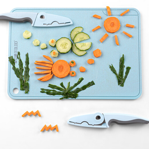 ILID Kindermesser, Kindergarten-Lehrmesser, Schüler-Schneidemesser, Schneidebrett, Küchensicherheit, antibakterielles, freihändiges Obstmesser, blaues und grünes farblich passendes Set (flacher Mund + Zahnmund), 2-teiliges Set