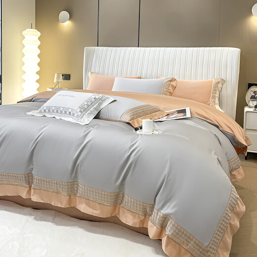 In Anlehnung an den natürlichen, leichten Luxus-Stil, 60-fädig, langstapelige Baumwolle, vierteiliges Set, reiner Baumwollsatin, bestickter Bettbezug, Spannbetttuch, hochwertige Bettwäsche, Haze Silver, 1,8 m Bettlaken, vierteiliges Set (Bettbezug 200 x 230 cm)