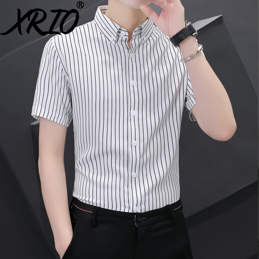 XRIO男装短袖衬衫男商务夏季新款修身半袖条纹衬衣休闲外套 白细条  XL (125-140斤)