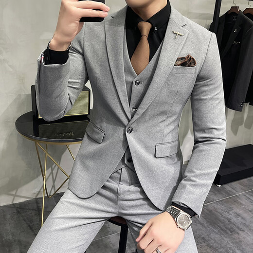 Luo Meng brand light luxury high-end suit suit men's plus size solid color suit suit men's three-piece suit groom wedding dress suit groomsmen dark gray suit + vest + trousers L