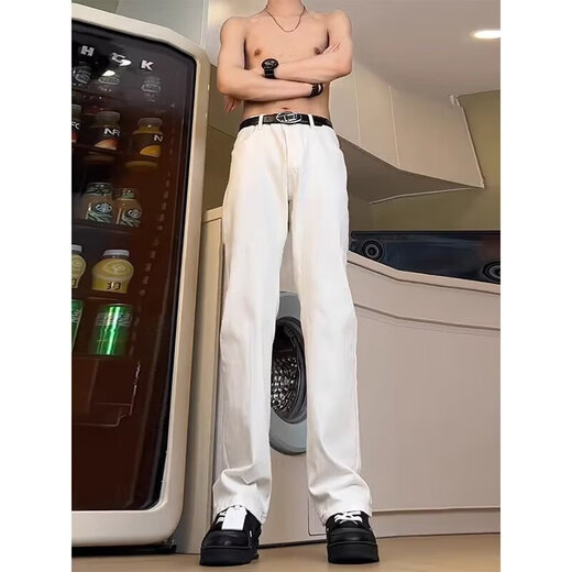 迪伽达 白色牛仔裤男士宽松秋季新款美式高街高腰窄版微喇显瘦裤子男 HCFS-2076白色 2XL