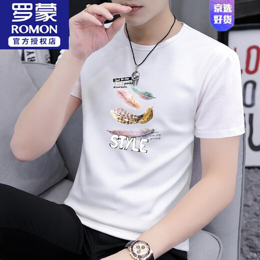 ROMON 2025 summer new men's round neck printed short-sleeved T-shirt trendy slim half-sleeved ice silk top men's T-shirt S2531 white L 115-130Jin Jin equals 0.5 kg