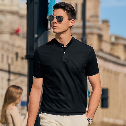 Mr. Cloth Fashion Stand Collar Pure Cotton Men's T-shirt Spring and Summer New Slim Black Short Sleeve Business Casual AT12023 Black L (175)