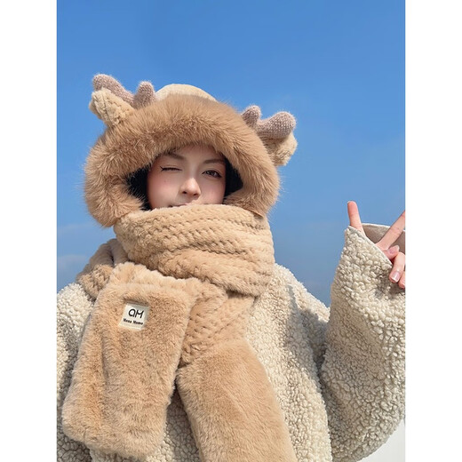 Memaru hat women's autumn and winter antlers furry ear protection three-piece set double-layer thickened scarf gloves one-piece warm hat beige