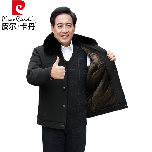 Pierre Cardin middle-aged and elderly cotton coat men's velvet thickened dad winter jacket 2024 new grandfather 80-year-old warm old man clothes black buttons (velvet thickened) M 65-90Jin Jin equals 0.5 kg, suitable for short elderly people