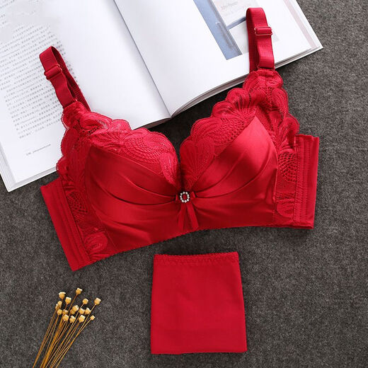 Modal Big Red Underwear Women's Zodiac Year of the Horse Small Breasts Gathered and Thickened to Show Big Upper Support Side Tie Wedding Bra Set Burgundy Set 75B 34/75BC Medium Thin Style
