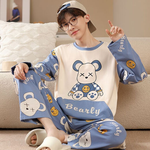 LangSha Youth Pajamas Men's Cartoon Long Sleeve Suit Spring and Autumn Thin Junior High School Students and High School Students Dormitory Home Clothes A Long Sleeve Men 1283 SpongeBob SquarePants. XL Standard (120-140 Jin Jin equals 0.5 kg)