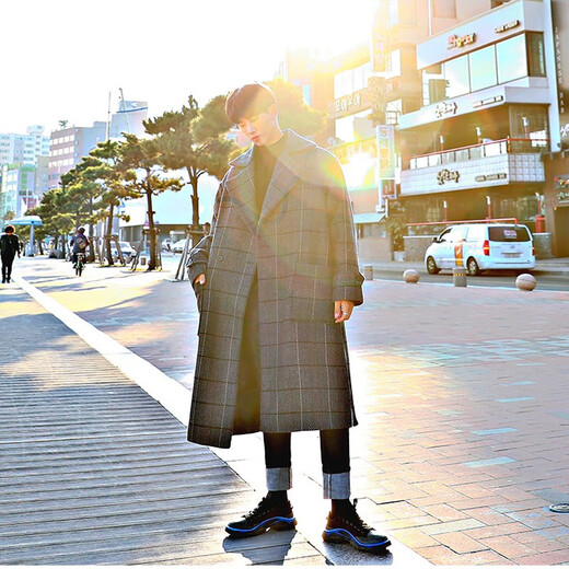 Avansby 2023 new autumn and winter coat men's Korean style loose knee-length mid-length plaid woolen windbreaker jacket plaid 3XL