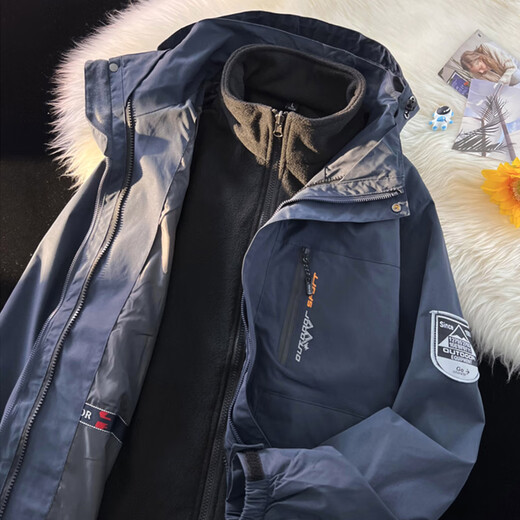 熊司令青少年冲锋衣男学生三合一外套秋冬季加绒加厚可拆卸内胆户外加绒 6198灰色_ 均码 l_