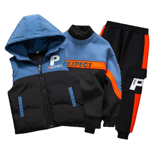 Three-piece set Monkey Brother Children's Clothing Boys' Velvet Suit Winter Clothes New Thickened Medium and Large Children's Winter Vest + Sweatshirt + Casual Pants Boys Student Three-piece Set 3-15 Years Old Trendy Off-White 140 (Recommended Height Around 130CM)