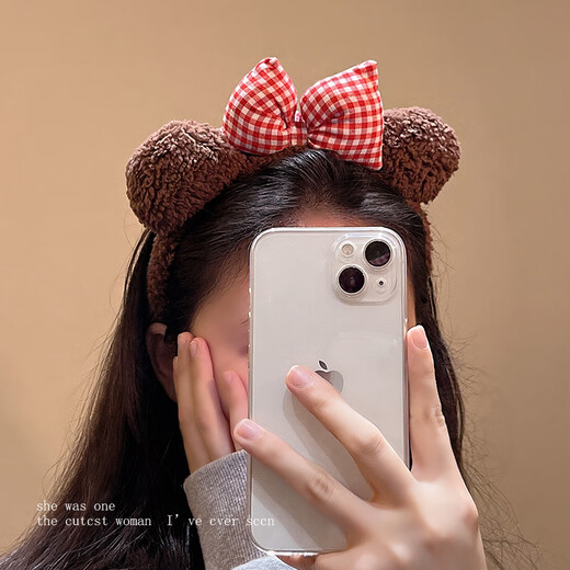 Youfang Cute Bear Ears Headband Bow Knot Plush Autumn and Winter Headband Face Wash Makeup Pressed Hair Headband Cartoon Hairpin Plush Red Bow Knot 1 Pack