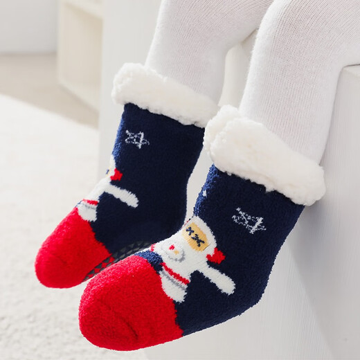 Wenlixuan winter velvet baby floor socks children's non-slip socks men's and women's socks thickened and warm cartoon mid-tube sleep socks Khaki Snowman S size 0-2 years old
