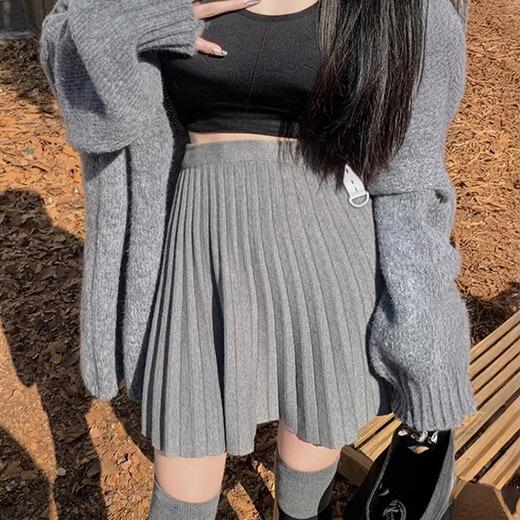 Red makeup Jumei high-waisted knitted pleated skirt autumn knitted skirt autumn winter short skirt pleated skirt spring autumn a-line skirt spring skirt gray pleated skirt one size one size