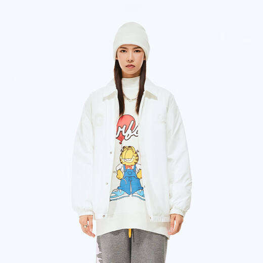 Fun trendy brand cotton coat lapel autumn and winter new style Garfield co-branded raglan sleeves warm and versatile couple casual jacket white XXS