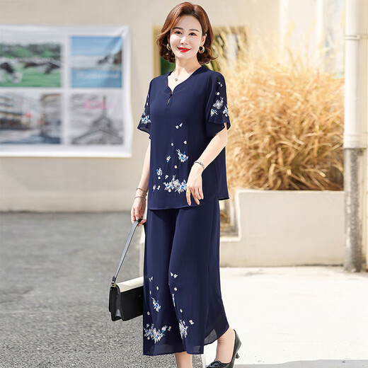 Yu Zhaolins Mutteranzug Sommer kurzärmeliger Anzug modisches Chiffon-Shirt 2025 Neuer Stil mittlerer und älterer Frauen mit breitem Bein und Rock Zwei-teiliger Set 698 Lila Anzug XL empfohlen 100-115jin [Jin gleich 0,5 kg]