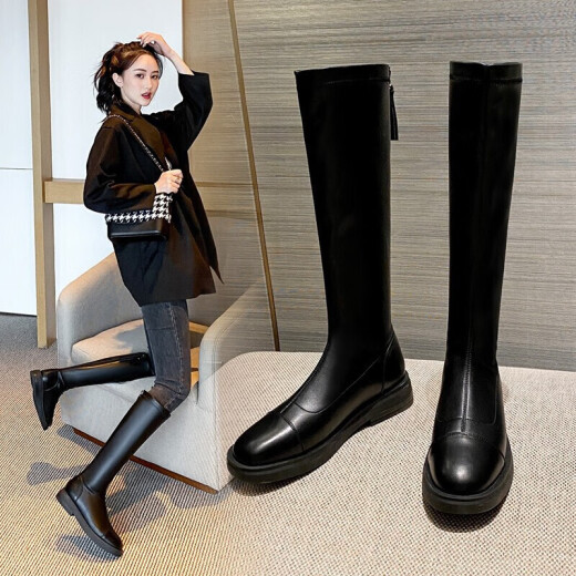 ZHR boots for women ins Internet celebrity Korean style women's boots soft leather temperament versatile heightening boots for women non-slip and wear-resistant N67 black 37