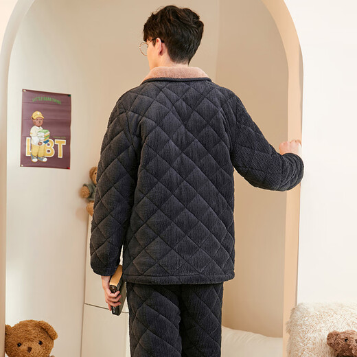 Fenton Couple Pajamas Bear Tribe IP Autumn and Winter Lapel Long Sleeve Padded and Velvet Home Clothing Set Carbon Gray-Men's L