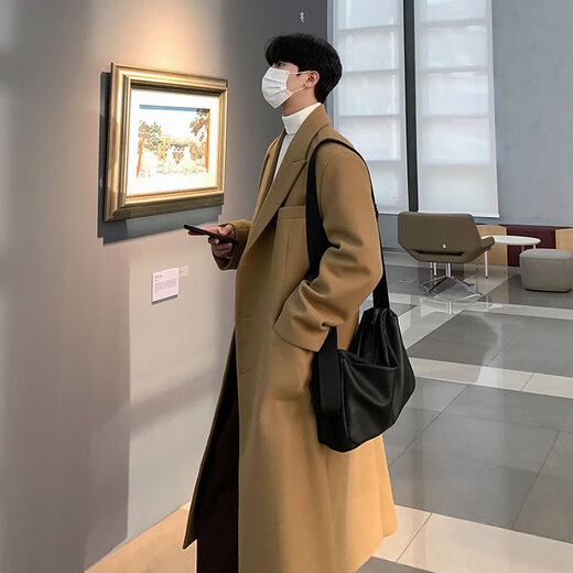 Ivansby's new winter men's woolen coat mid-length knee-high thickened woolen men's windbreaker jacket Korean style trendy and loose black (cotton version) XL