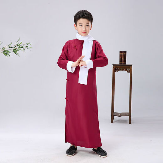 Qinsuluo children's cross talk performance costumes May 4th Republic of China coat boy storyteller Chinese Hanfu robe groomsmen performance clothes burgundy without scarf 150
