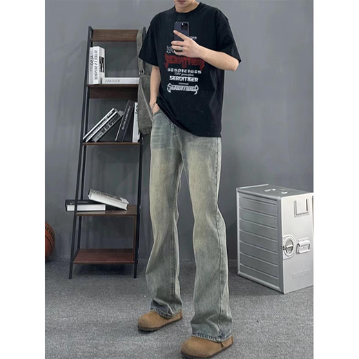 7 excellent products Men's bootcut jeans, autumn and winter American retro high street slim fit loose straight long pants for men TYFS-Y9131 Retro Blue L